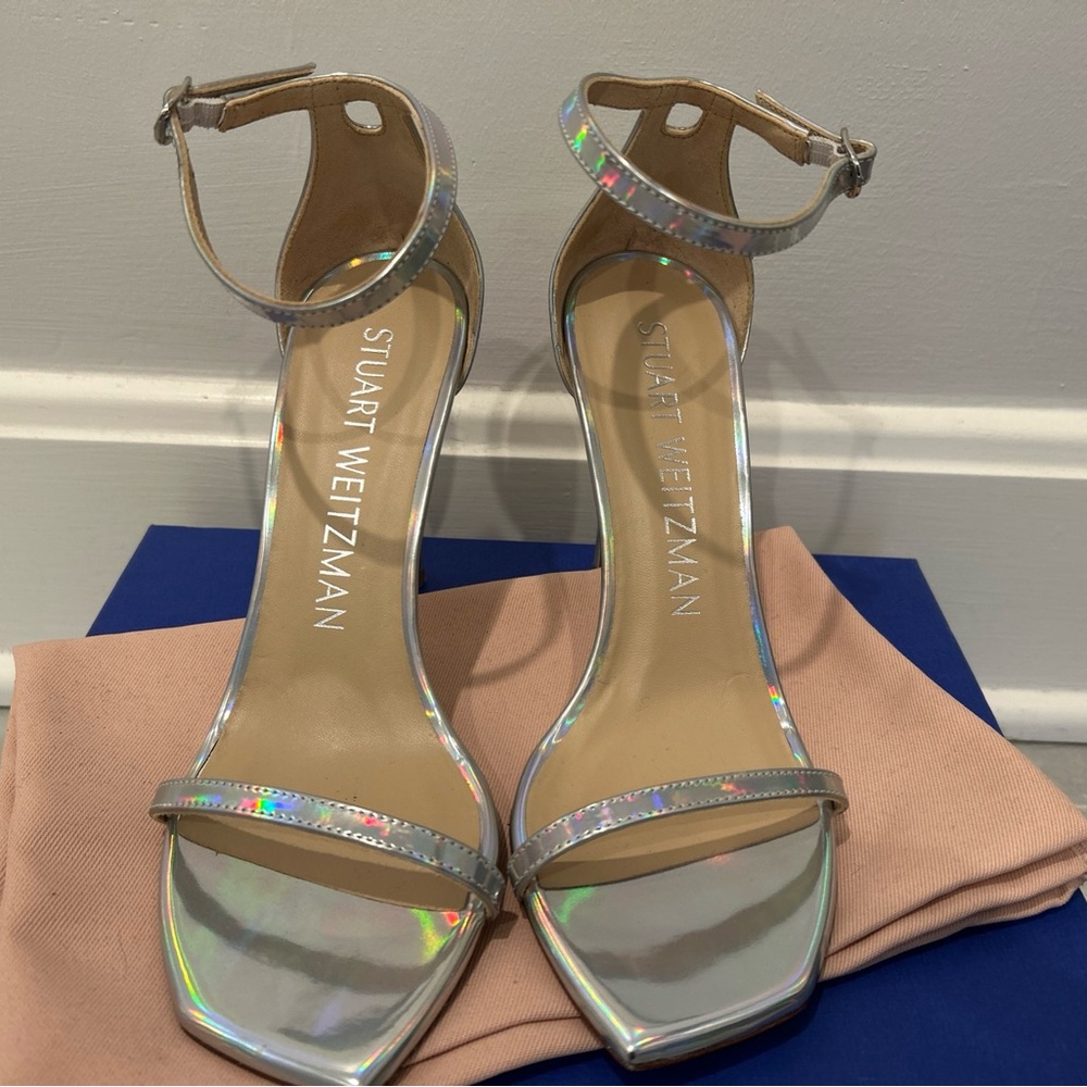 Stuart Weitzman NudistCurve Silver Hologram Stiletto Strappy Heels